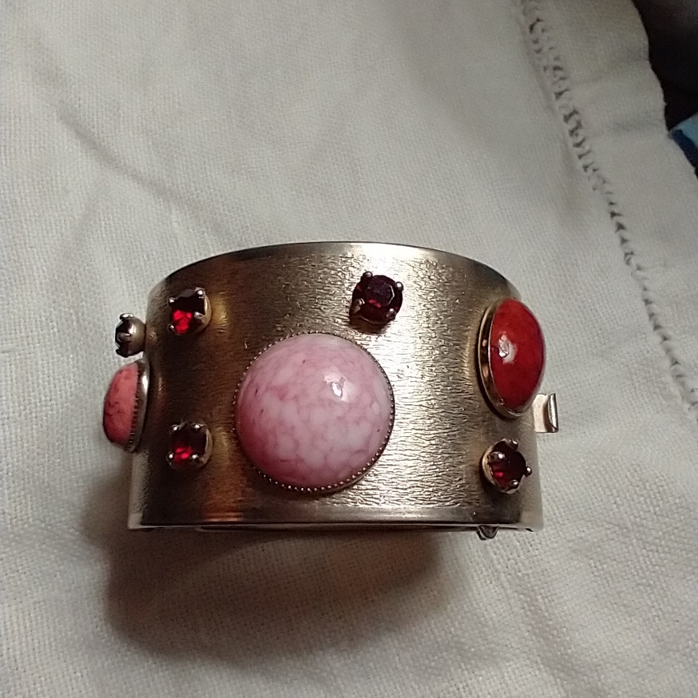 Vintage Matte Gold-toned Cuff Bracelet w/Crystals and Stones
